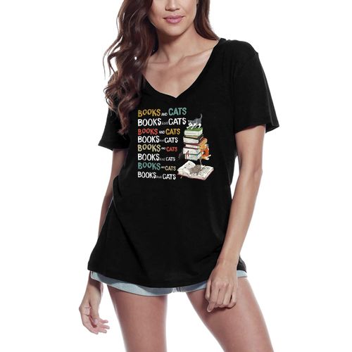 Femme Tee-Shirt Col V Livres Et Chats - Amoureux Des Livres Sur Les Chatons - Books And Cats - Kitten Book Lover - T-Shirt Graphique Éco-Responsable Vintage Cadeau Nouveauté