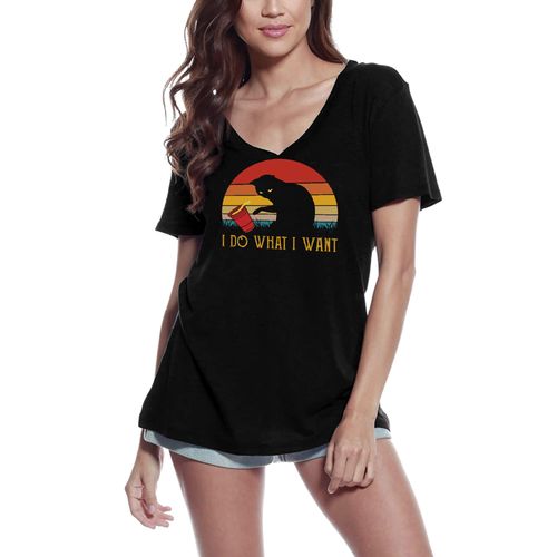Femme Tee-Shirt Col V Je Fais Ce Que Je Veux - Chat Rétro Coucher De Soleil - I Do What I Want - Cat Retro Sunset - T-Shirt Graphique Éco-Responsable Vintage Cadeau Nouveauté