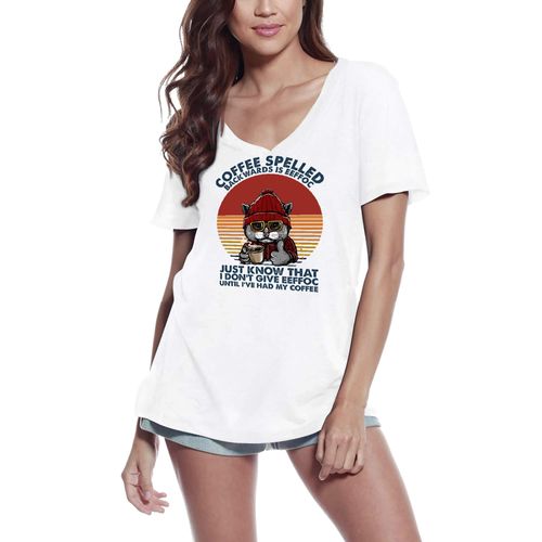 Femme Tee-Shirt Col V Café Épelé À L'envers C'est Eeffoc Humour Cat - Coffee Spelled Backwards Is Eeffoc Humor Cat - T-Shirt Graphique Éco-Responsable Vintage Cadeau Nouveauté
