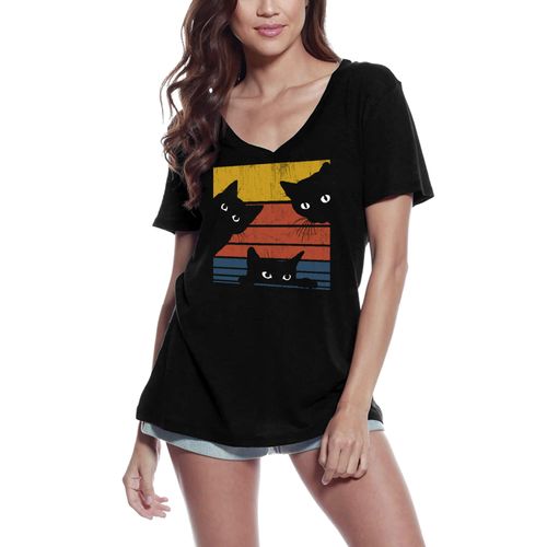 Femme Tee-Shirt Col V Rétro Coucher De Soleil Chat Noir - Retro Sunset Black Cats Cat - T-Shirt Graphique Éco-Responsable Vintage Cadeau Nouveauté