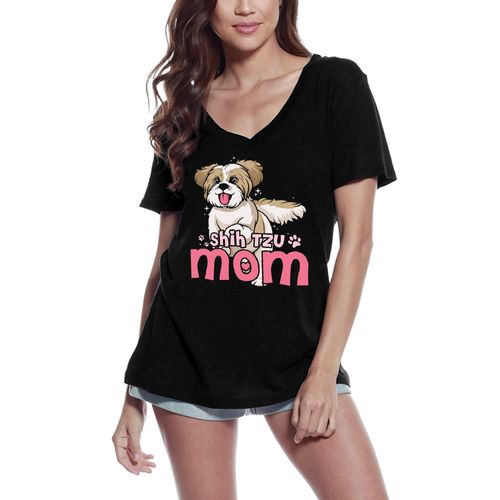 Femme Tee-Shirt Col V Shih Tzu Maman Chien - Shih Tzu Mom Dog - T-Shirt Graphique Éco-Responsable Vintage Cadeau Nouveauté