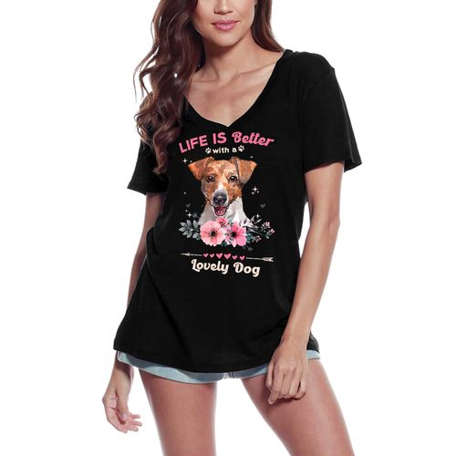 Femme Tee-Shirt Col V - Jack Russel Terrier Life Is Better With A Lovely Dog - T-Shirt Graphique Éco-Responsable Vintage Cadeau Nouveauté