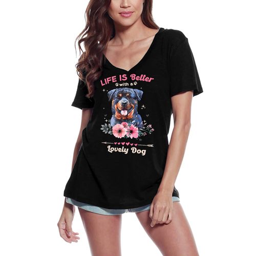 Femme Tee-Shirt Col V - Rottweiler Ornament Life Is Better With A Lovely Dog - T-Shirt Graphique Éco-Responsable Vintage Cadeau Nouveauté