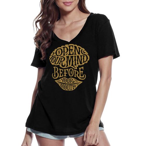 Femme Tee-Shirt Col V Ouvrez Votre Esprit Avant Votre Bouche - Open Your Spirit Before Your Mouth - T-Shirt Graphique Éco-Responsable Vintage Cadeau Nouveauté