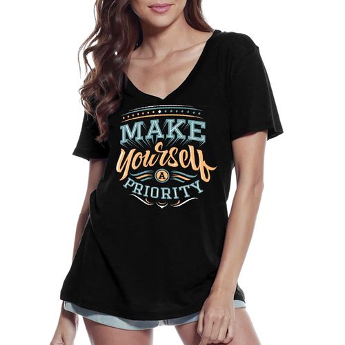Femme Tee-Shirt Col V Avez-Vous La Priorité - Do You Priority - T-Shirt Graphique Éco-Responsable Vintage Cadeau Nouveauté