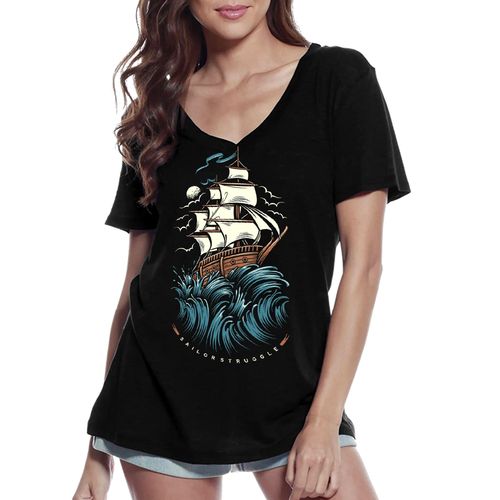 Femme Tee-Shirt Col V La Lutte Marine - The Marine Wrestling - T-Shirt Graphique Éco-Responsable Vintage Cadeau Nouveauté