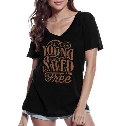 Femme Tee-Shirt Col V Sauvé Et Libre - Saved And Free - T-Shirt Graphique Éco-Responsable Vintage Cadeau Nouveauté