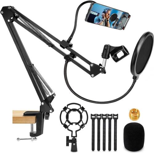 Bras Micro, Pied de Micro Réglable Professionnel avec Adaptateur Vis et Filtre Anti-Pop, Convient Pour le Studio, la Diffusion, l'enregistrement, Compatible avec les Blue Yeti Perche Micro.