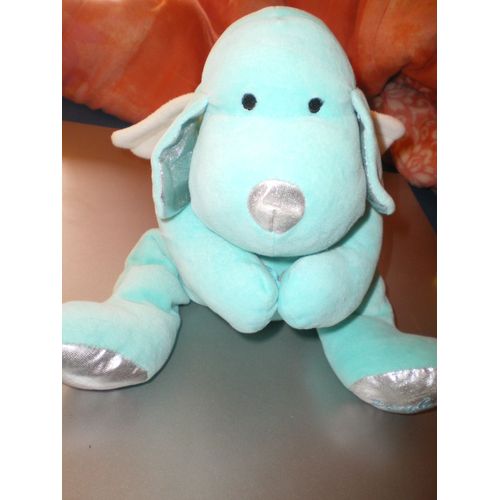 Doudou Chien Douglas Turquoise Avec Des Ailes Blanche Nez,Pieds,Oreilles Argent.