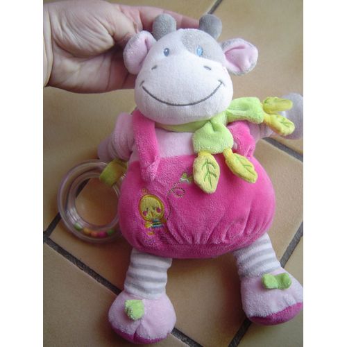 Doudou Vache Nicotoy Salopette Rose Écharpe Verte