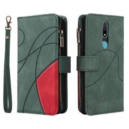 Étui Pour Nokia 2.1 Béquille De Protection Couture Bicolore Avec Le Support De Fente De Carte Neuf Fentes Pour Cartes Style De Portefeuille À Glissière - Vert