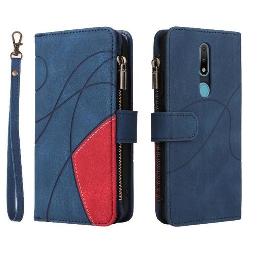 Étui Pour Nokia 2.1 Béquille De Protection Couture Bicolore Avec Le Support De Fente De Carte Neuf Fentes Pour Cartes Style De Portefeuille À Glissière - Bleu