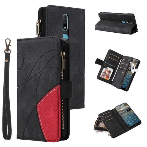 Étui Pour Nokia 2.1 Béquille De Protection Couture Bicolore Avec Le Support De Fente De Carte Neuf Fentes Pour Cartes Style De Portefeuille À Glissière - Noir