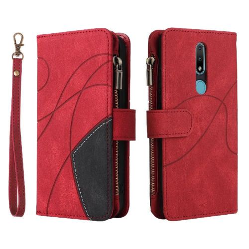 Étui Pour Nokia 2.1 Béquille De Protection Couture Bicolore Avec Le Support De Fente De Carte Neuf Fentes Pour Cartes Style De Portefeuille À Glissière - Rouge