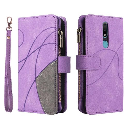 Étui Pour Nokia 2.1 Neuf Fentes Pour Cartes Béquille De Protection Couture Bicolore Style De Portefeuille À Glissière Avec Le Support De Fente De Carte - Violet