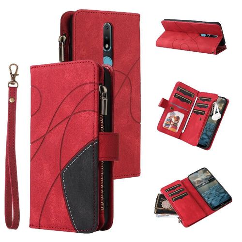 Étui Pour Nokia 2.1 Neuf Fentes Pour Cartes Béquille De Protection Couture Bicolore Style De Portefeuille À Glissière Avec Le Support De Fente De Carte - Rouge