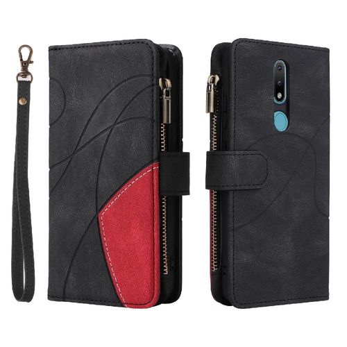 Étui Pour Nokia 2.1 Neuf Fentes Pour Cartes Béquille De Protection Couture Bicolore Style De Portefeuille À Glissière Avec Le Support De Fente De Carte - Noir