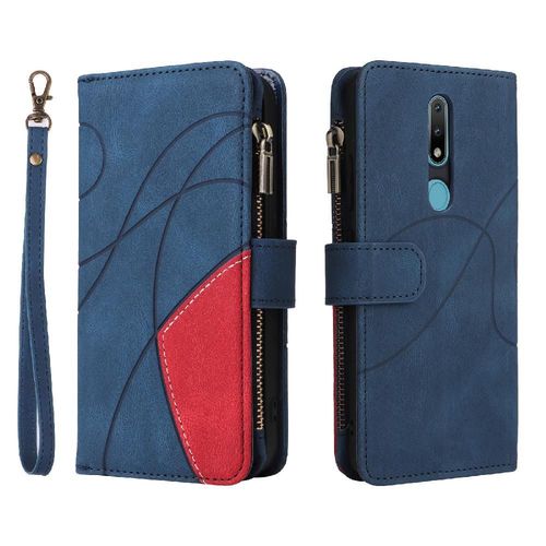 Étui Pour Nokia 2.1 Neuf Fentes Pour Cartes Béquille De Protection Couture Bicolore Style De Portefeuille À Glissière Avec Le Support De Fente De Carte - Bleu
