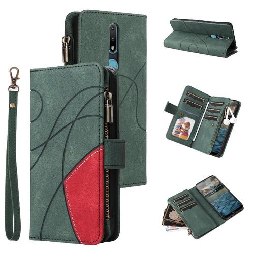 Étui Pour Nokia 2.1 Neuf Fentes Pour Cartes Béquille De Protection Couture Bicolore Style De Portefeuille À Glissière Avec Le Support De Fente De Carte - Vert