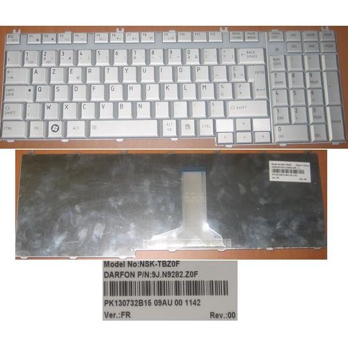 Clavier Azerty Français / French Pour Toshiba Satellite L500 Series, Gris Clair / Silver, Model: NSK-TBZ0F, P/N: 9J.N9282.Z0F, PK130732B15