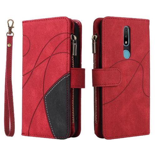 Étui Pour Nokia 2.1 Avec Le Support De Fente De Carte Neuf Fentes Pour Cartes Couture Bicolore Béquille De Protection Style De Portefeuille À Glissière - Rouge