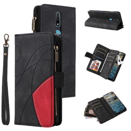 Étui Pour Nokia 2.1 Avec Le Support De Fente De Carte Neuf Fentes Pour Cartes Couture Bicolore Béquille De Protection Style De Portefeuille À Glissière - Noir