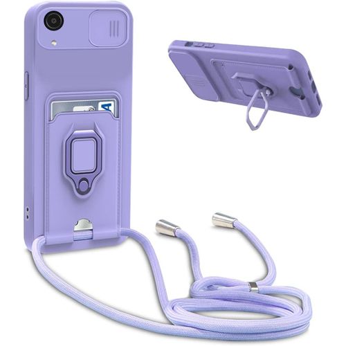 Coque Compatible Avec Samsung Galaxy A03 Core,R¿¿Glable Lanyard Case En Silicone Cover,Portefeuille Fentes Cartes Housse Avec Anneau Rotatif ¿¿ 360 Degr¿¿S,Violet
