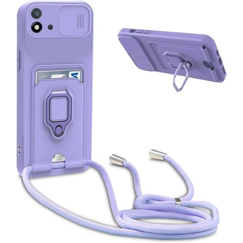 Coque Compatible Avec Oppo Realme C11 2021/Realme C21 / C20,R¿¿Glable Lanyard Case En Silicone Cover,Portefeuille Fentes Cartes Housse Avec Anneau Rotatif ¿¿ 360 Degr¿¿S,Violet