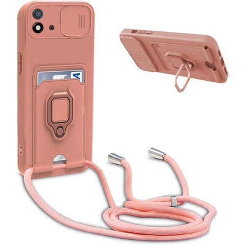 Coque Compatible Avec Oppo Realme C11 2021/Realme C21 / C20,R¿¿Glable Lanyard Case En Silicone Cover,Portefeuille Fentes Cartes Housse Avec Anneau Rotatif ¿¿ 360 Degr¿¿S,Pink