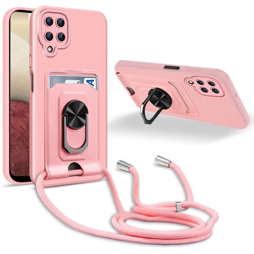 Coque Cordon De Collier Compatible Avec Samsung Galaxy A12/M12, 360¡Ãanneau Support Avec Fente Carte Protection De La Cam¿¿Ra Silicone Case-Pink