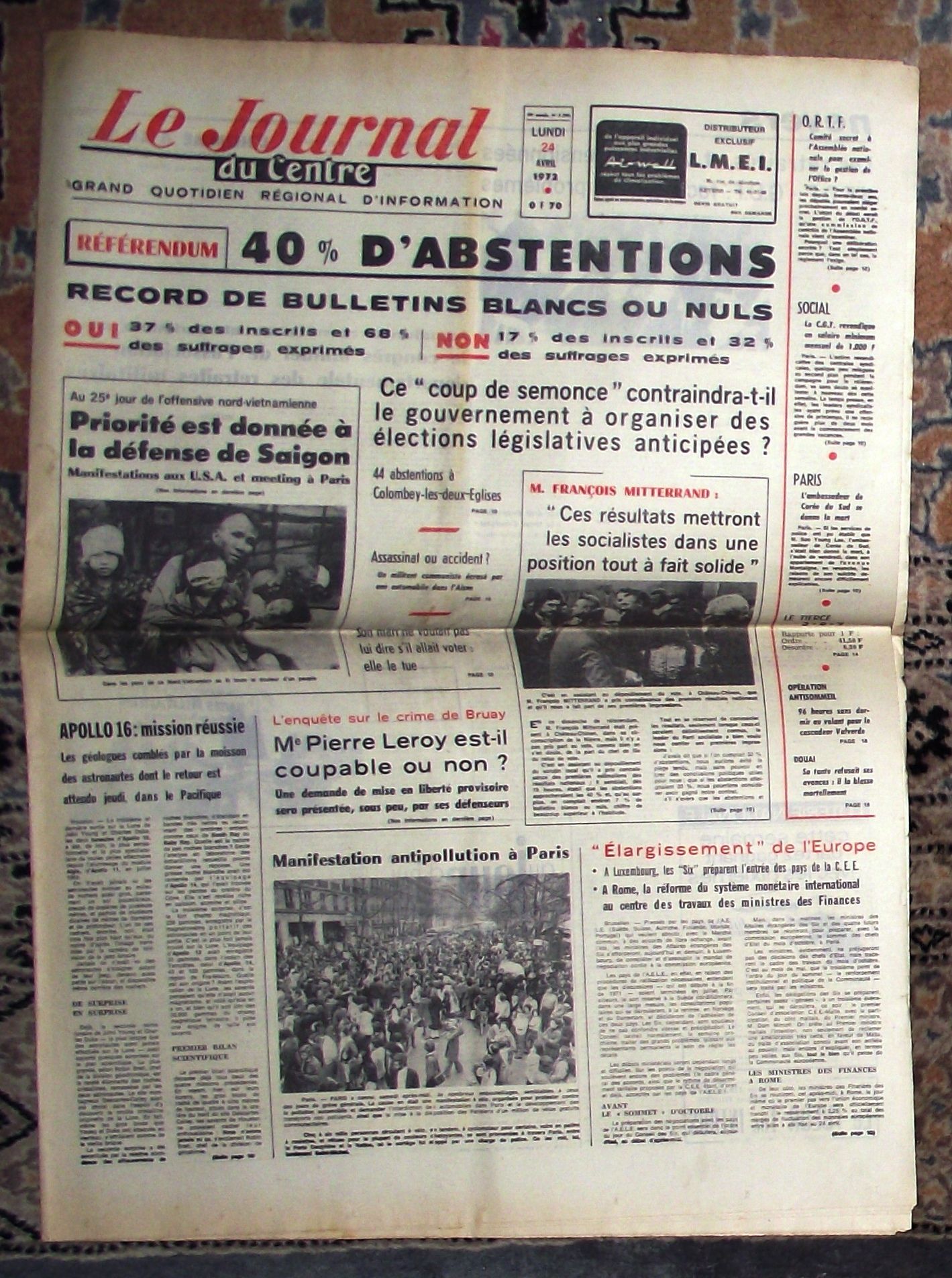 Le Journal Du Centre 24 Avril 1972.40% D'abstentions Au Référendum