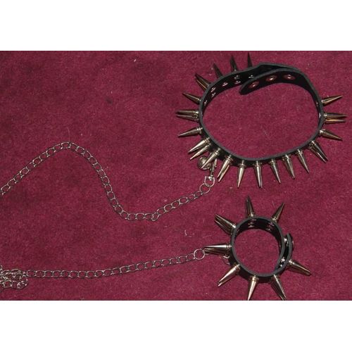 Laisse Chaine Métal Cuir Clou Gothique Collier + Bracelet