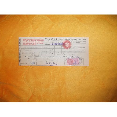 Document / Recu Cie Du Soleil Souche N°57121 + 1 Timbre Fiscal De 3 Francs. . Annee ?