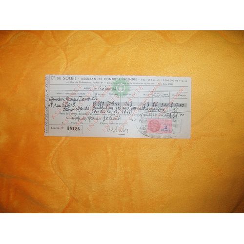 Document / Recu Cie Du Soleil Souche N°38125 + 1 Timbre Fiscal De 2  Francs. Annee 1944