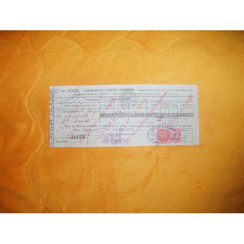 Document / Recu Cie Du Soleil Souche N°39665 + 1 Timbre Fiscal De 2  Francs. Annee 1945