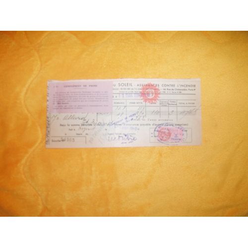 Document / Recu Cie Du Soleil Souche N°50305  + 1 Timbre Fiscal  De 3 Francs . Annee 1948
