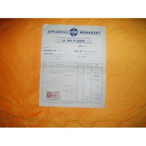 Document / Recu / Facture N°1035 Appareils S.E.V. Menagers + 1 Timbre Fiscal 75c.  Annee 1935.