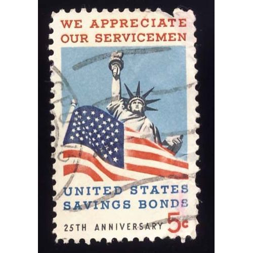 Timbre U S A, We Appreciate Our Servicemen, United State Savings Bonds 25th Anniversery 5 Cents, Oblitéré