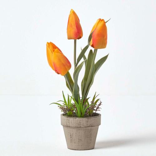 Tulipes artificielles oranges en pot en pâte à papier 27 cm