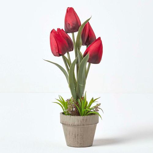 Tulipes artificielles rouges en pot en pâte à papier 27 cm