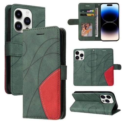 Étui Pour Iphone 15 Pro Max Avec Support De Fente Pour Carte Bicelle De Protection Couture À Deux Couleurs Coque Flip Folio En Cuir Pu - Vert