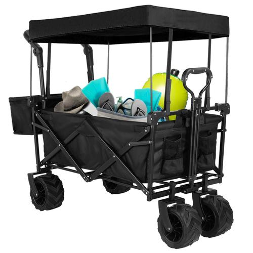 Chariot de jardin pliable extra large avec capote amovible, 250 livres, chariot de transport pliable extensible avec porte-gobelets et barre télescopique, noir