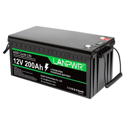 LANPWR Batterie de secours au lithium LiFePO4 12 V 200 Ah, énergie 2 560 Wh, plus de 4 000 cycles profonds, BMS 100 A intégré, poids léger 20 kg, prise en charge en série/parallèle