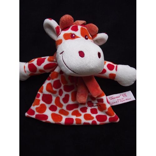Doudou Plat Girafe Tiamo Collection Orange Blanc Rouge Hochet Grelot Tiamo Écharpe