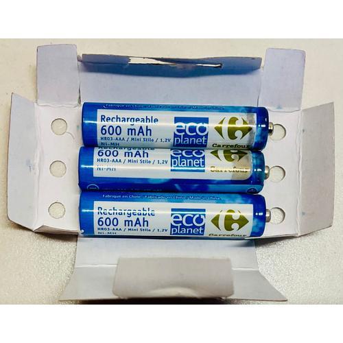 LOT 3 PILES (cylindre) RECHARGEABLE 600 mAh HR03-AAA, ECO PLANET Carrefour