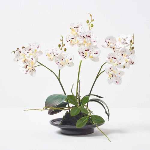 Orchidée artificielle blanche dans un bol en céramique noir 38 cm