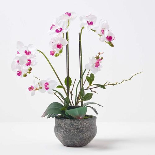 Orchidée artificielle blanche en pot en ciment gris 52 cm