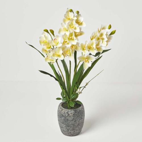 Grande Orchidée artificielle jaune en pot foncé en ciment 82 cm