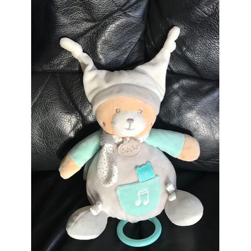 Doudou Ours Babynat Baby Nat' - Collection Polochon - Musical Gris Bleu Bonnet Blanc 23cm