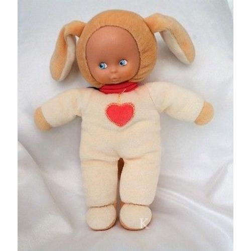 Doudou Peluche Poupée Déguisée En Lapin Ecru Marron Coeur Col Rose Ajena